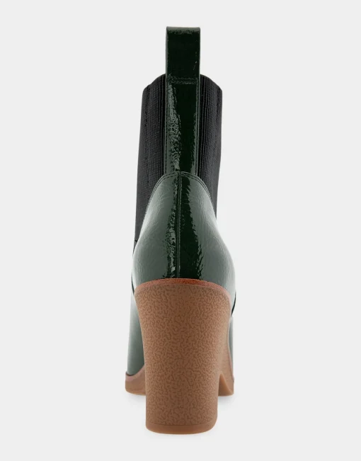 Comfortable Women's Gored Sculpted Wedge Crepe Heel Bootie in Fir Green Crinkled Patent Faux Leather Patent Faux Leather