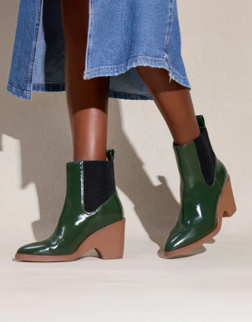Comfortable Women's Gored Sculpted Wedge Crepe Heel Bootie in Fir Green Crinkled Patent Faux Leather Patent Faux Leather