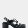 Comfortable Women's Grommeted Strappy Molded Footbed Platform Sandal in Black Leather