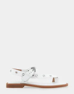Comfortable Women's Grommeted Asymmetrical Toe Ring Sandal in White Faux Leather