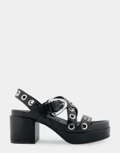 Comfortable Women's Grommeted Strappy Molded Footbed Platform Sandal in Black Leather