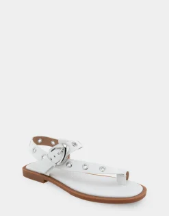 Comfortable Women's Grommeted Asymmetrical Toe Ring Sandal in White Faux Leather