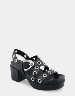 Comfortable Women's Grommeted Strappy Molded Footbed Platform Sandal in Black Leather