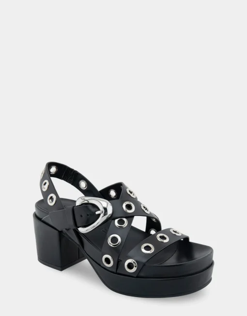 Comfortable Women's Grommeted Strappy Molded Footbed Platform Sandal in Black Leather
