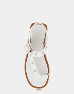Comfortable Women's Grommeted Asymmetrical Toe Ring Sandal in White Faux Leather