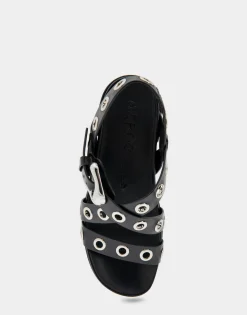 Comfortable Women's Grommeted Strappy Molded Footbed Platform Sandal in Black Leather