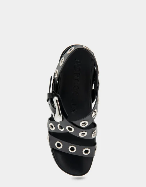 Comfortable Women's Grommeted Strappy Molded Footbed Platform Sandal in Black Leather
