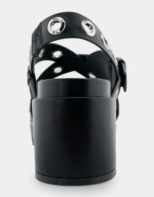 Comfortable Women's Grommeted Strappy Molded Footbed Platform Sandal in Black Leather