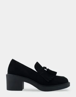Comfortable Women's Heeled Loafer in Black Genuine Suede