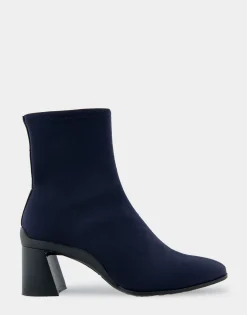 Comfortable Women's Heeled Ankle Boot in Navy Stretch Gabardine Fabric