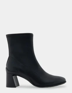 Comfortable Women's Heeled Ankle Boot in Black Stretch Faux Leather