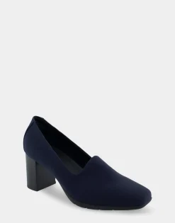 Comfortable Women's Heeled Pump in Navy Stretch Fabric