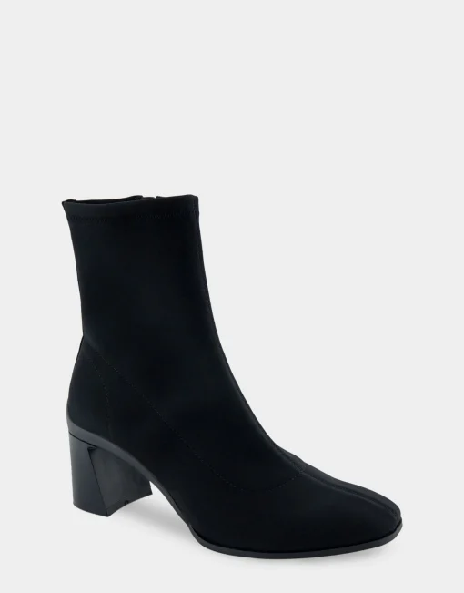 Comfortable Women's Heeled Ankle Boot in Black Stretch Gabardine Fabric