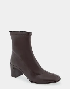 Comfortable Women's Heeled Ankle Boot in Brown Stretch Faux Leather