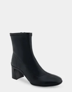 Comfortable Women's Heeled Ankle Boot in Black Stretch Faux Leather