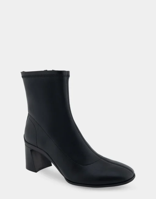 Comfortable Women's Heeled Ankle Boot in Black Stretch Faux Leather