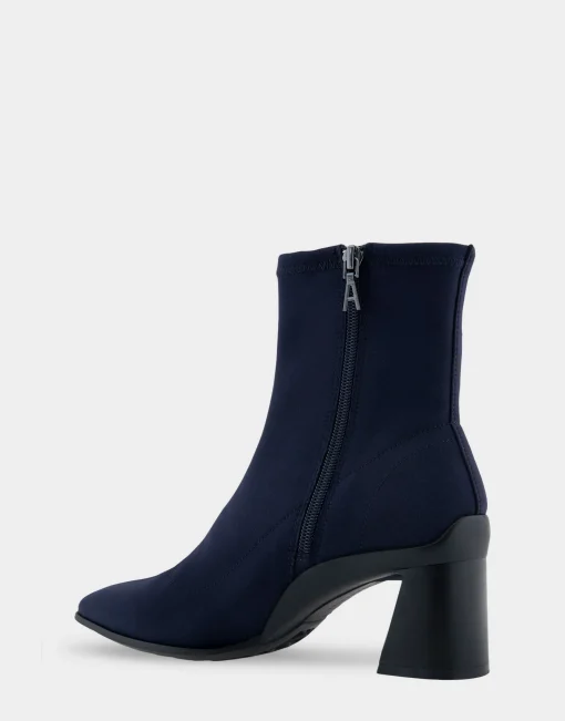 Comfortable Women's Heeled Ankle Boot in Navy Stretch Gabardine Fabric