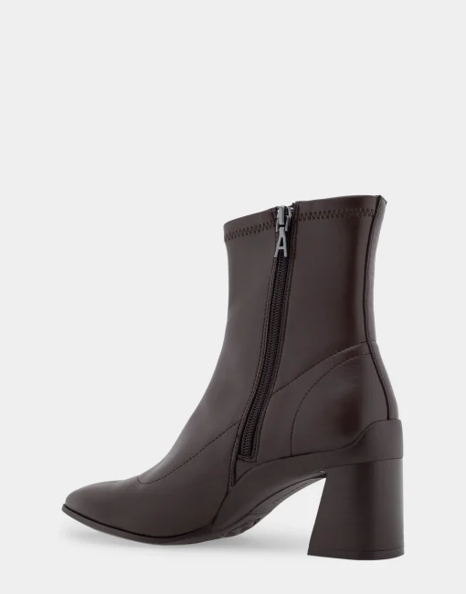 Comfortable Women's Heeled Ankle Boot in Brown Stretch Faux Leather