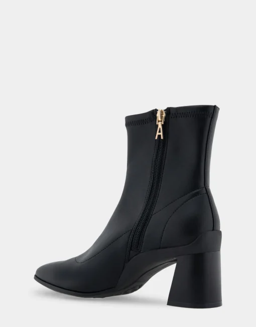 Comfortable Women's Heeled Ankle Boot in Black Stretch Faux Leather