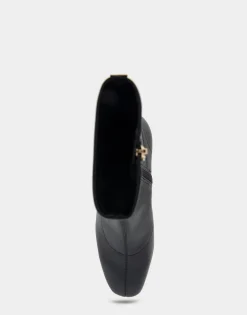 Comfortable Women's Heeled Ankle Boot in Black Stretch Faux Leather