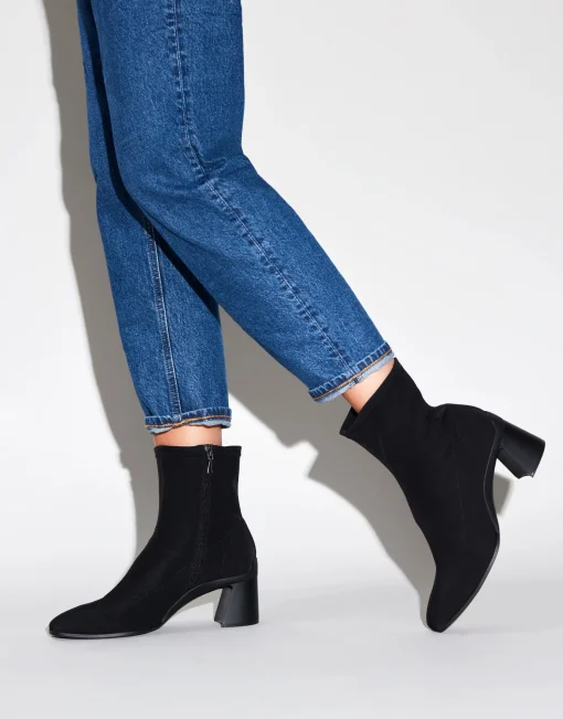 Comfortable Women's Heeled Ankle Boot in Black Stretch Gabardine Fabric