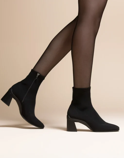 Comfortable Women's Heeled Ankle Boot in Black Stretch Gabardine Fabric