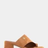 Comfortable Women's Hooded Toe Ring Block Heel Slide Sandal in Tan Suede