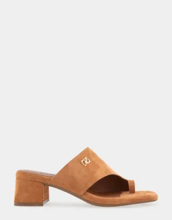 Comfortable Women's Hooded Toe Ring Block Heel Slide Sandal in Tan Suede