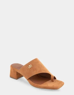 Comfortable Women's Hooded Toe Ring Block Heel Slide Sandal in Tan Suede
