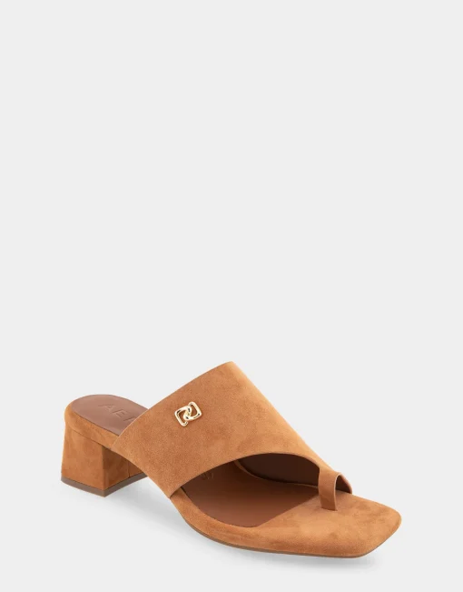Comfortable Women's Hooded Toe Ring Block Heel Slide Sandal in Tan Suede