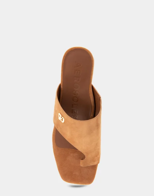 Comfortable Women's Hooded Toe Ring Block Heel Slide Sandal in Tan Suede