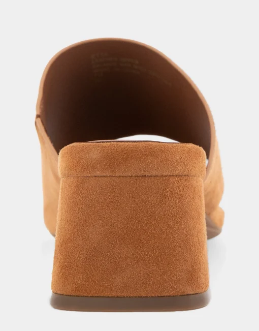 Comfortable Women's Hooded Toe Ring Block Heel Slide Sandal in Tan Suede