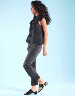 Comfortable Women's Hooded Toe Ring Block Heel Slide Sandal in Black Leather