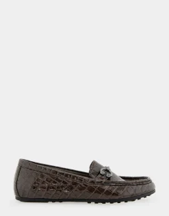 Comfortable Women's Horsebit Driver Moc in Chocolate Croco Faux Leather Croco Faux Leather