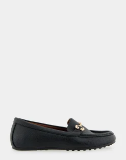 Comfortable Women's Horsebit Driver Moc in Black Pebbled Faux Leather Faux Leather