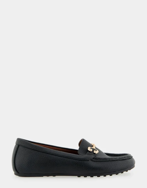 Comfortable Women's Horsebit Driver Moc in Black Pebbled Faux Leather Faux Leather