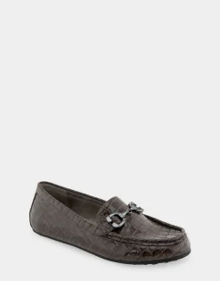 Comfortable Women's Horsebit Driver Moc in Chocolate Croco Faux Leather Croco Faux Leather