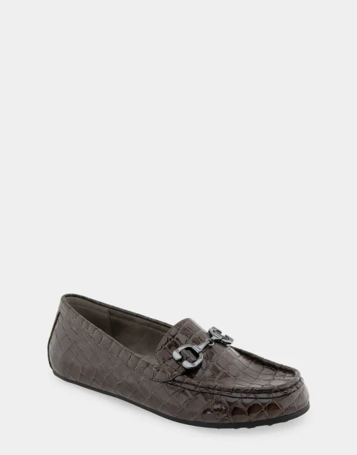 Comfortable Women's Horsebit Driver Moc in Chocolate Croco Faux Leather Croco Faux Leather
