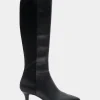 Comfortable Women's Knee High Kitten Heel Point Toe Boot in Black Faux Leather Faux Leather