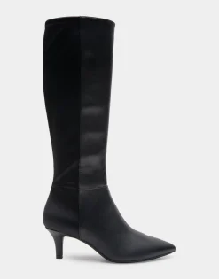 Comfortable Women's Knee High Kitten Heel Point Toe Boot in Black Faux Leather Faux Leather