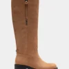 Comfortable Women's Knee High Pull On Clean Moto Boot in Camel Pebbled Nubuck Leather