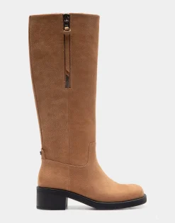 Comfortable Women's Knee High Pull On Clean Moto Boot in Camel Pebbled Nubuck Leather