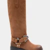 Comfortable Women's Knee High Squared Toe Engineer Boot in Tobacco Suede