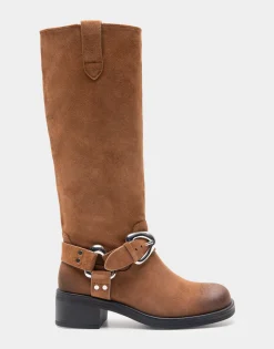 Comfortable Women's Knee High Squared Toe Engineer Boot in Tobacco Suede