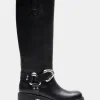 Comfortable Women's Knee High Squared Toe Engineer Boot in Black Waxy Leather