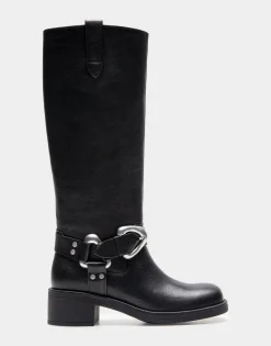 Comfortable Women's Knee High Squared Toe Engineer Boot in Black Waxy Leather