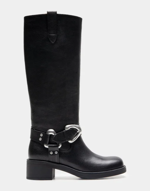 Comfortable Women's Knee High Squared Toe Engineer Boot in Black Waxy Leather