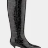 Comfortable Women's Knee High Point Toe Kitten Heel Boot in Black Jelly Croco Croco Faux Leather
