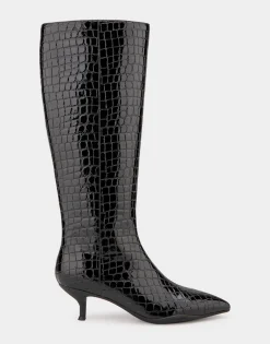 Comfortable Women's Knee High Point Toe Kitten Heel Boot in Black Jelly Croco Croco Faux Leather