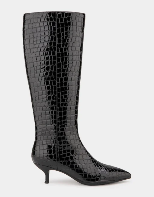 Comfortable Women's Knee High Point Toe Kitten Heel Boot in Black Jelly Croco Croco Faux Leather